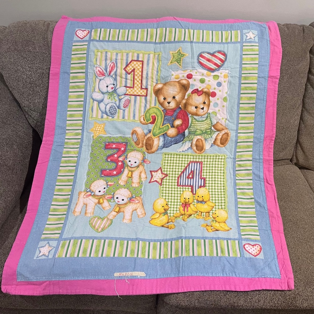 Vtg Handmade‎ Baby Quilt Blue Jean Teddy Animals Numbers Nursery Blanket 44x36